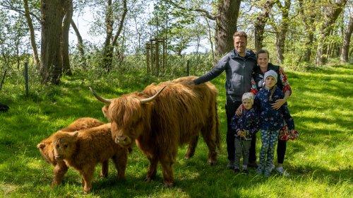 Matthias und Nicolle Schilling stehen mit Ihren beiden Töchtern neben einem braunen Highland-Rind im Grünen auf der Insel Öhe